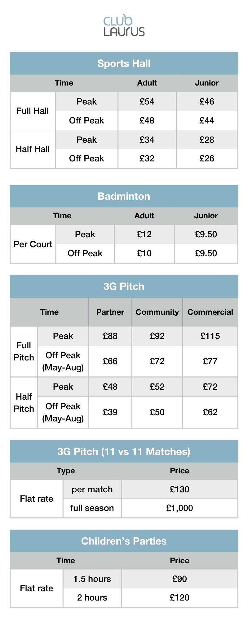 A list of prices for Club Laurus, 2024. Please contact us for details.