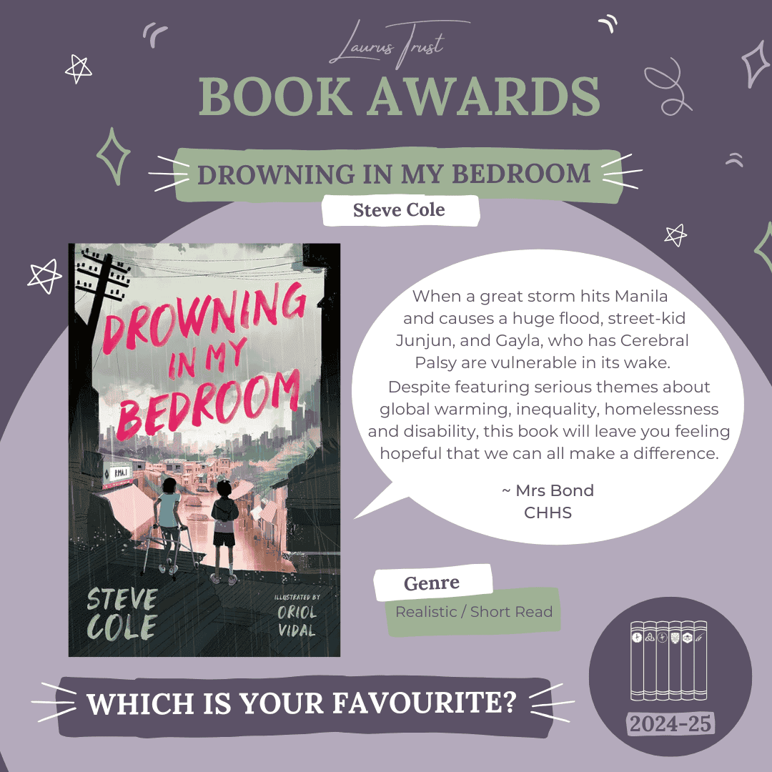 A poster about Drowning in my Bedroom, a book shortlisted in the Laurus Trust Book Awards 2024-2025.