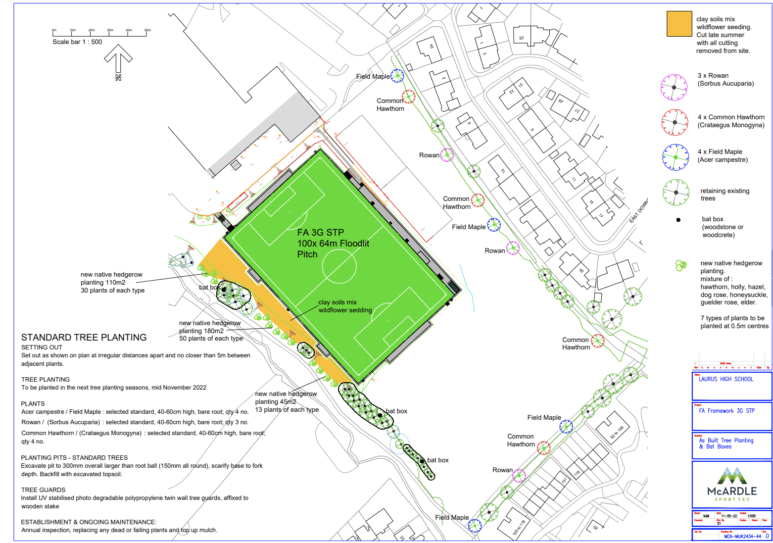 Proposed plan on where the trees will be planted around the 3G pitch.